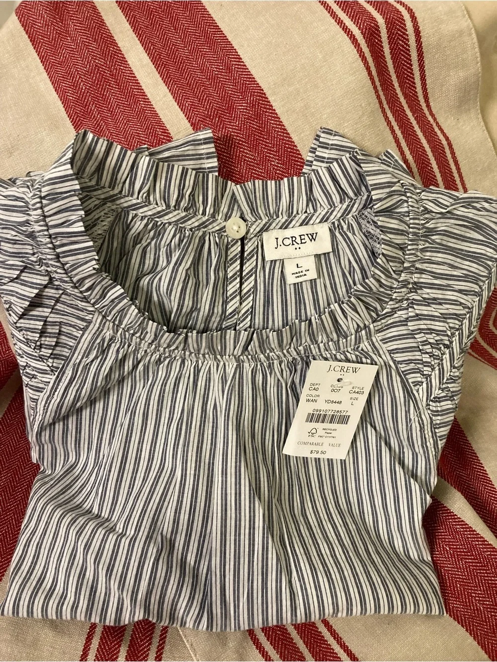 J. Crew Blue and White Striped Cotton Blouse